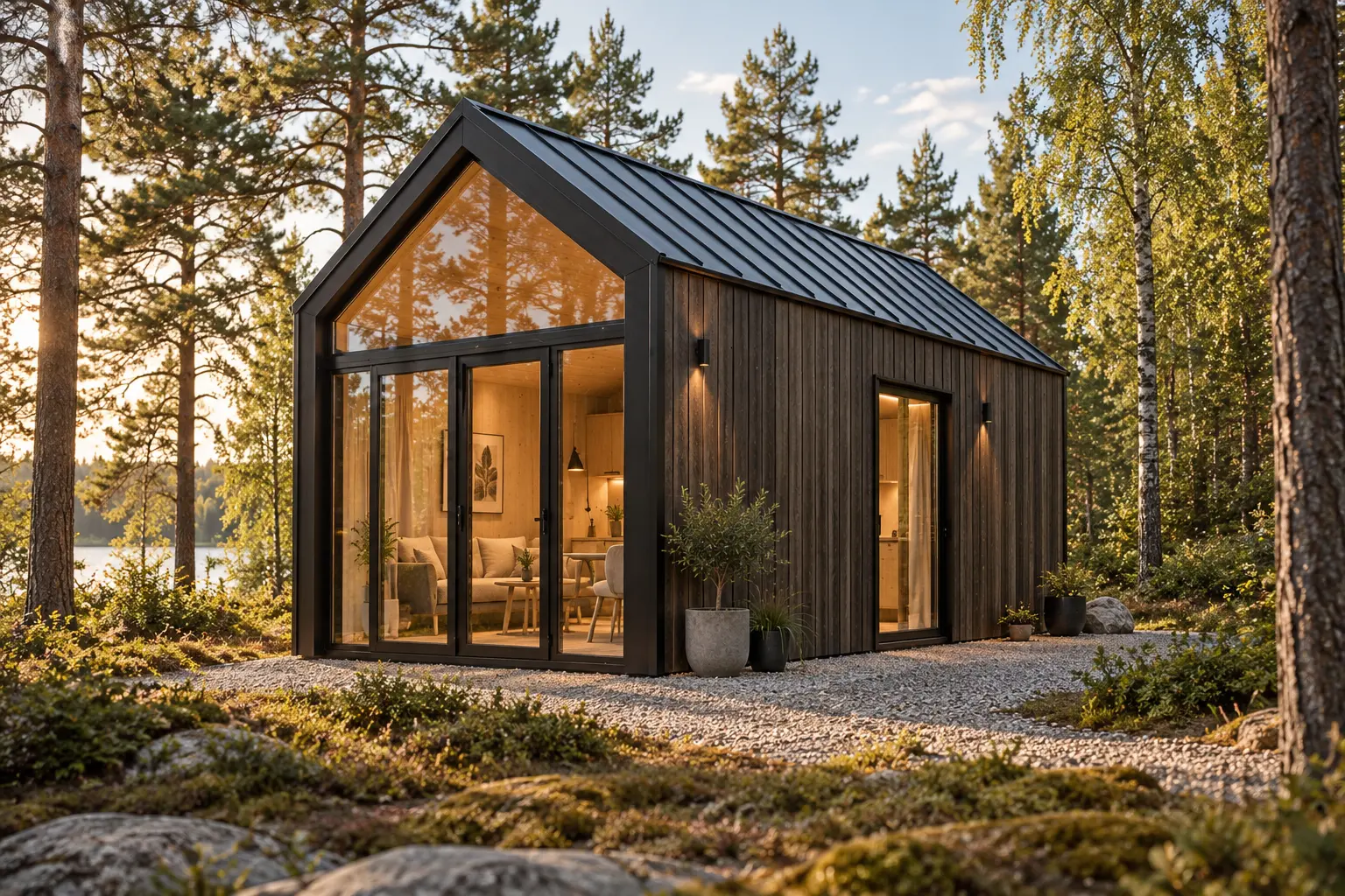 Attefallshus med sadeltak och mörk träpanel i skogsbryn, med glasparti i gaveln