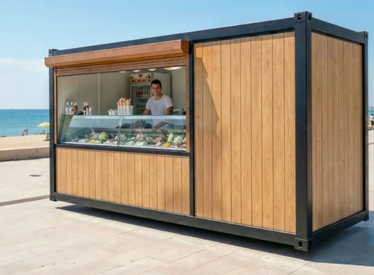 Träklädd kioskcontainer med serverlucka vid stranden