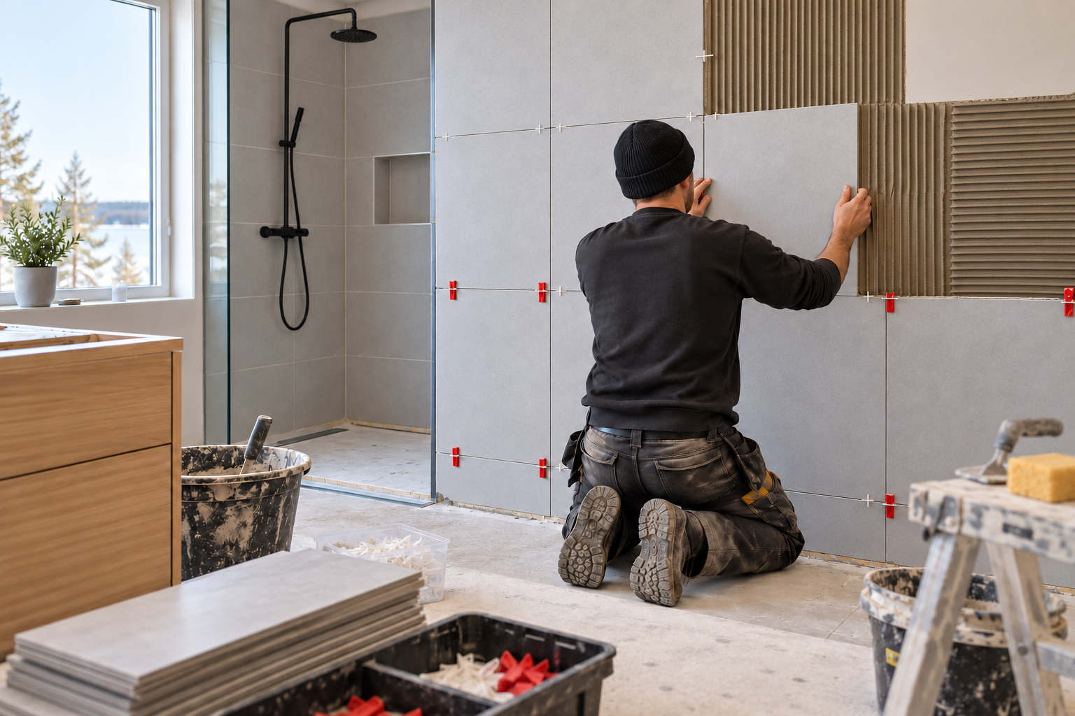 Hantverkare sätter stora grå kakelplattor på vägg under pågående badrumsrenovering