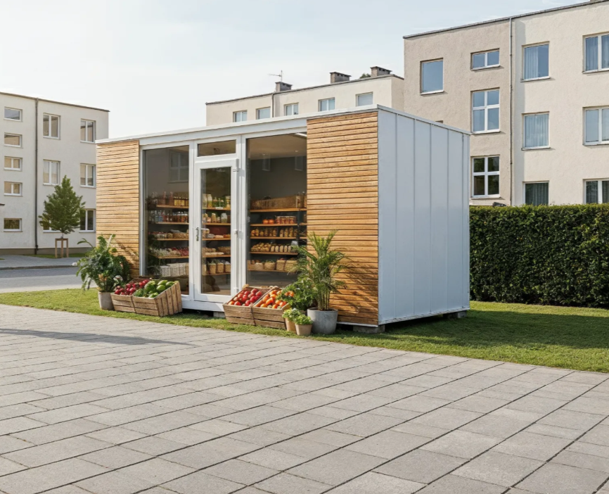 Vit containerbutik med trädetaljer och hyllor med varor