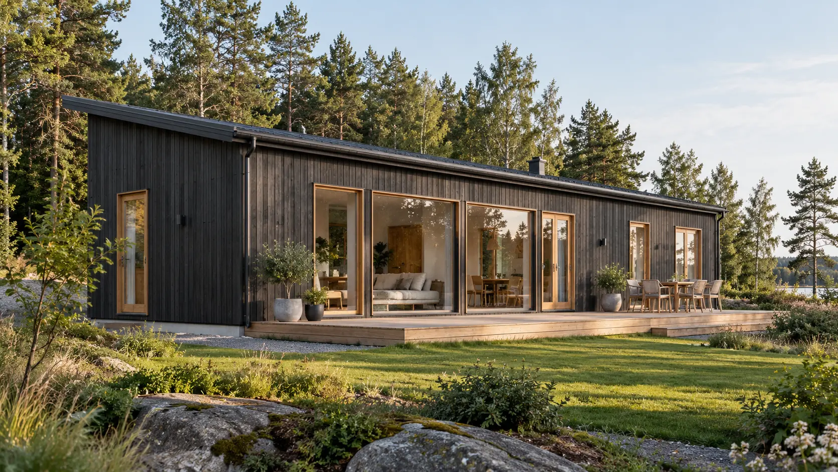 Långsträckt komplementhus med lågt pulpettak, mörk träpanel och stora glaspartier vid skogsbryn, med uteplats framför