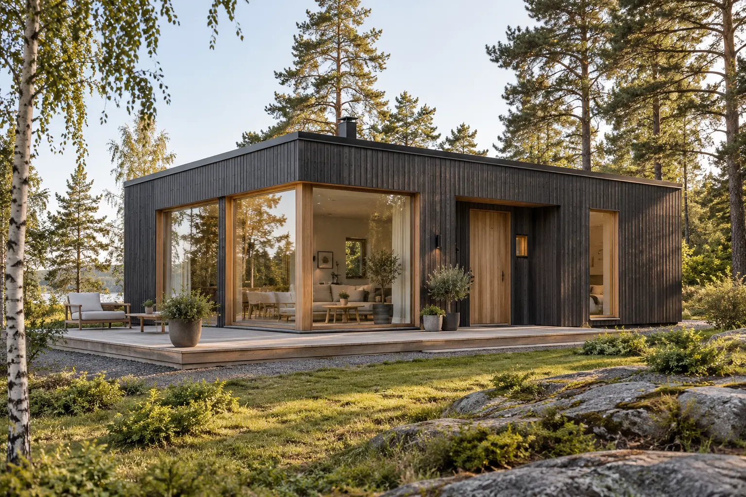 Kompakt komplementhus med plant tak, ljus träpanel och stora fönster i en skogsglänta