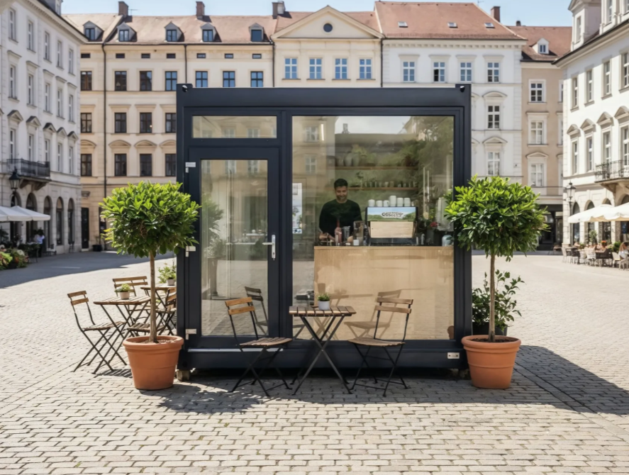 Mörk containermodul med glasfasad på torg