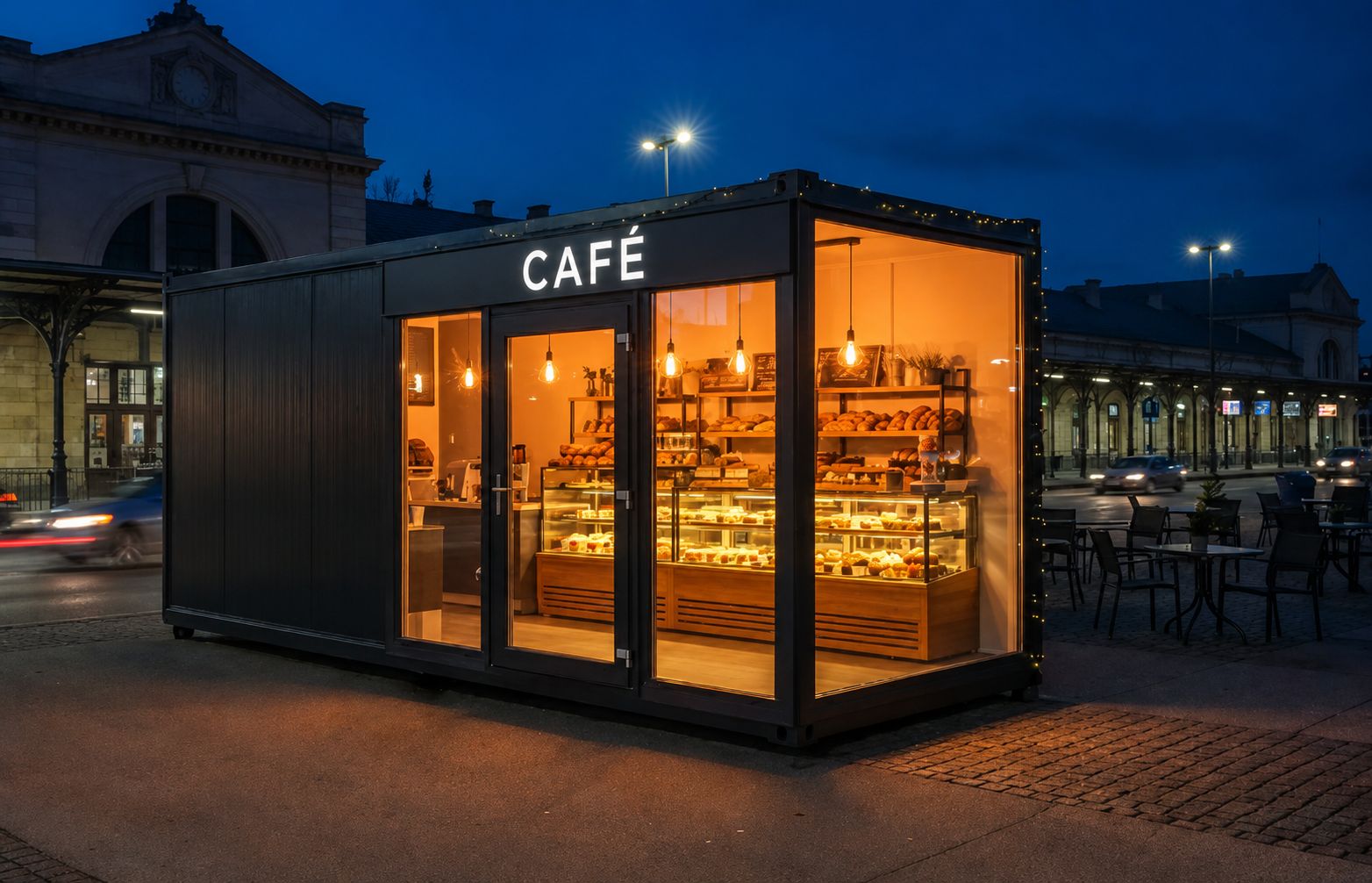 Upplyst svart containercafé med glasfasad i kvällsljus