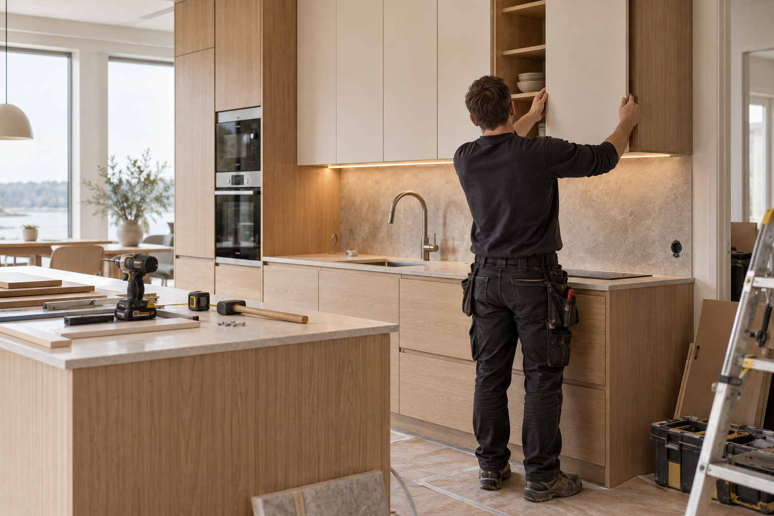 Hantverkare monterar en skåplucka under pågående köksrenovering i ett kök i ljust trä och sten