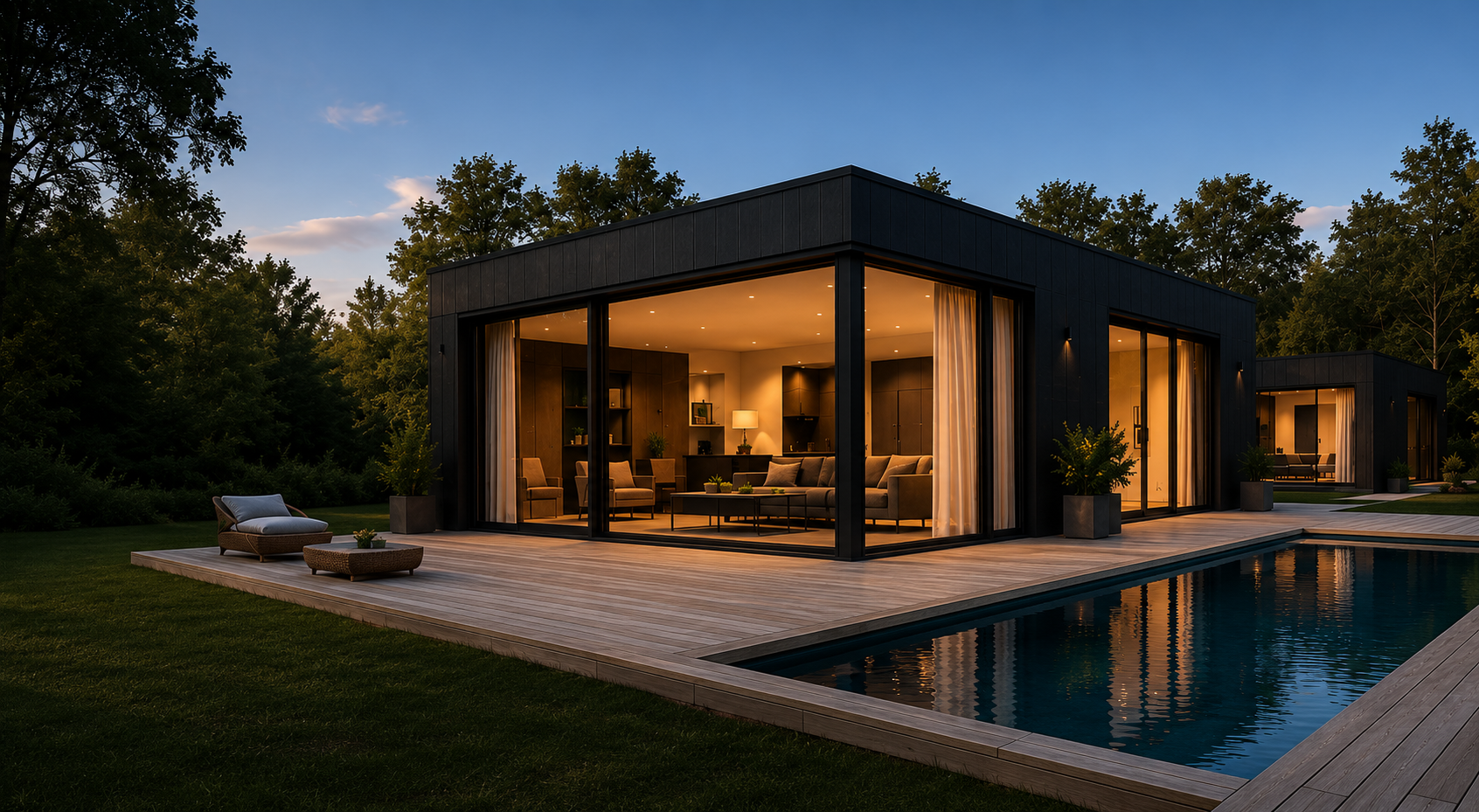 Modern villa med stora glaspartier och rena arkitektoniska linjer